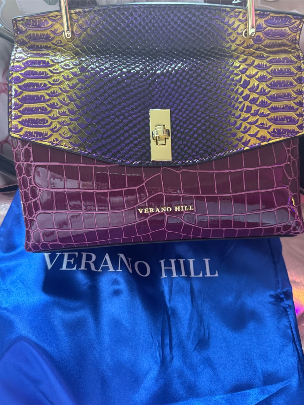 Elegant Croc-Embossed Wine Shoulder Bag with Gold Hardware Verona Hill